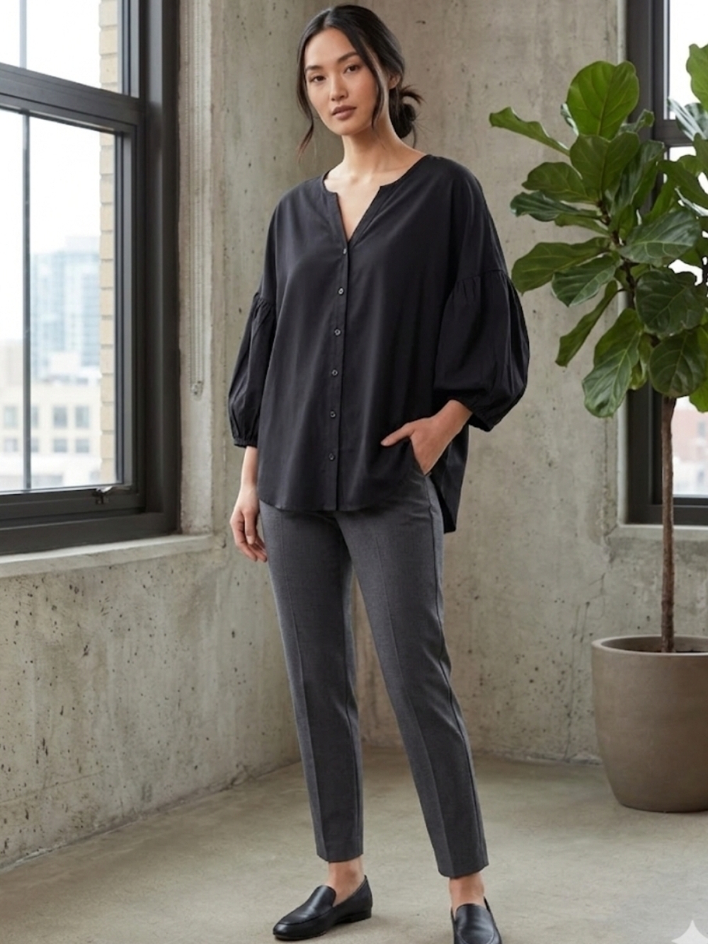 Relaxed Black Balloon-Sleeve Button-Front Blouse - Women